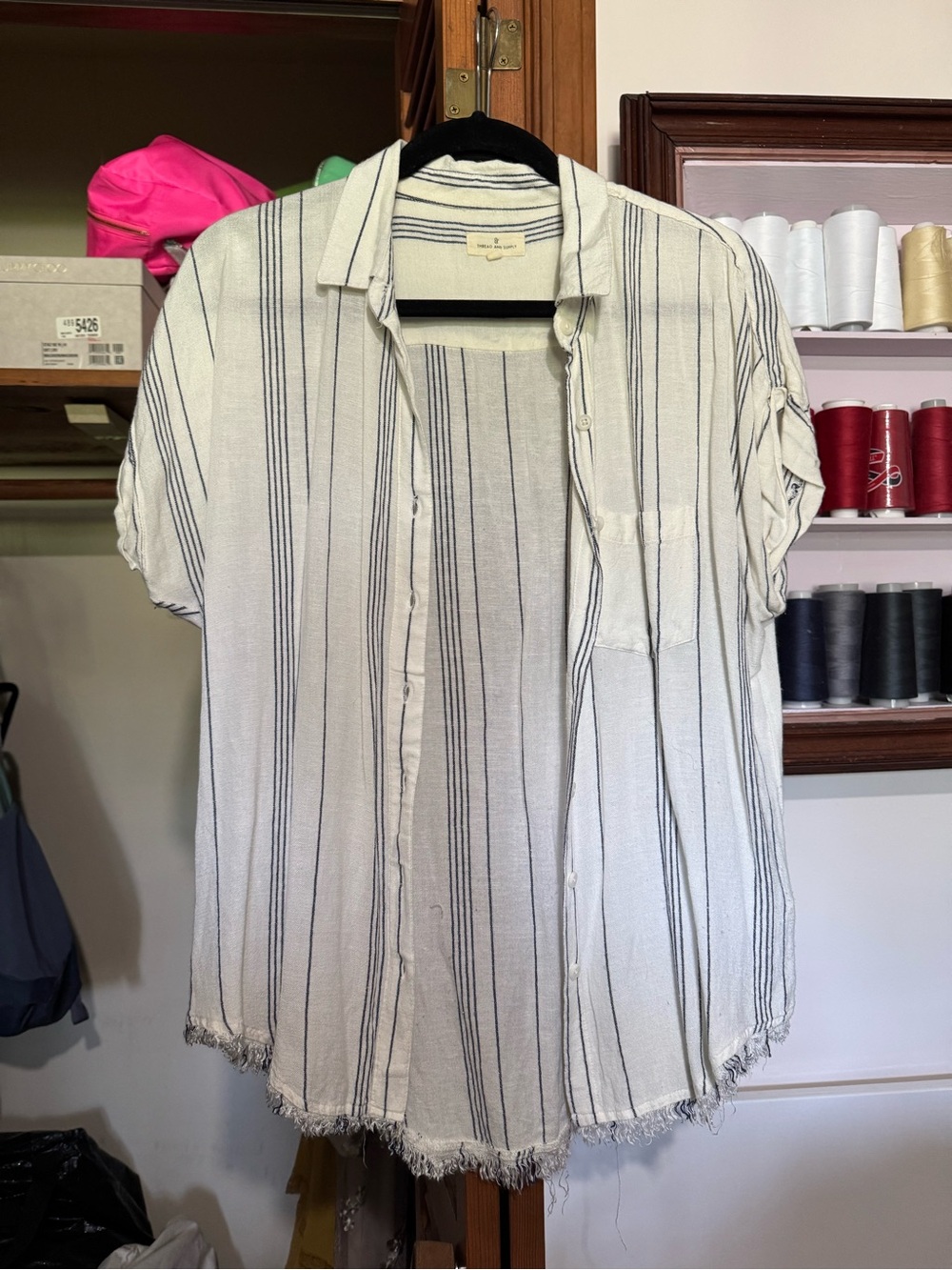 Thread & Supply Cream Button-Down with Navy Vertical Stripes